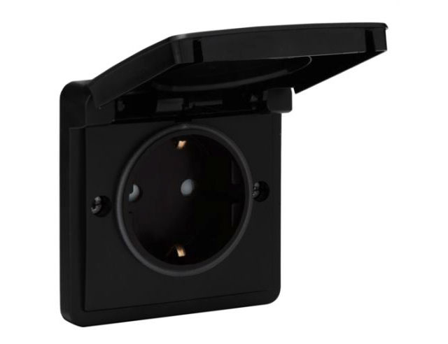 Inbouw wandcontactdoos met deksel 220V 16A RA Zwart IP44