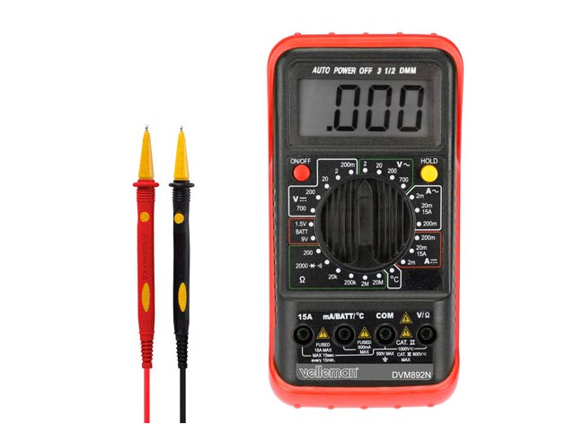 3 1/2 Digit digital multimeter with 24 measuring ranges.